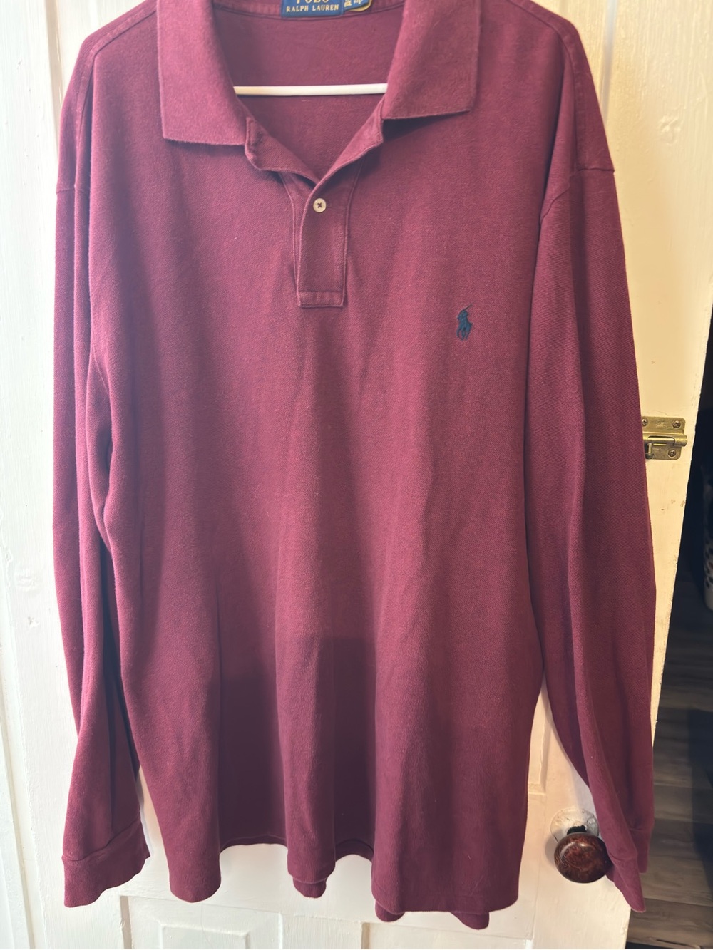 Polo by Ralph Lauren Men's Burgundy Long-Sleeve Polo with Navy Pony Embroidery